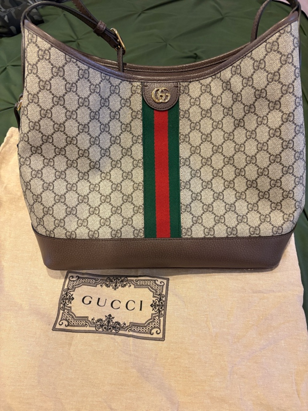 Gucci Beige/Brown GG Supreme Canvas Tote with Green and Red Web